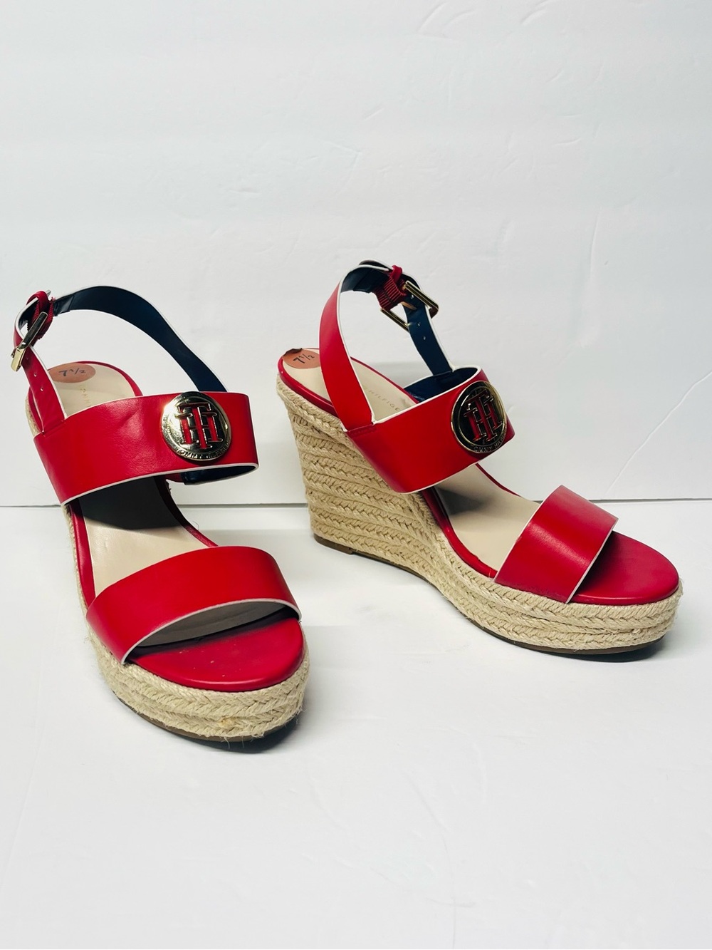 Tommy Hilfiger Red Leather Espadrille Wedge Sandals with Gold Logo